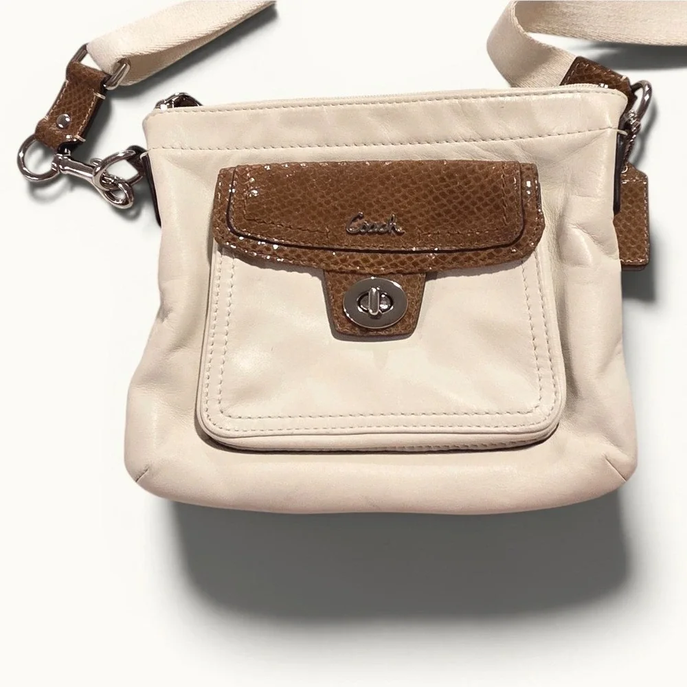 Coach Cream Leather Crossbody Bag Brown Snake‎ Print Turnlock Small Messenger